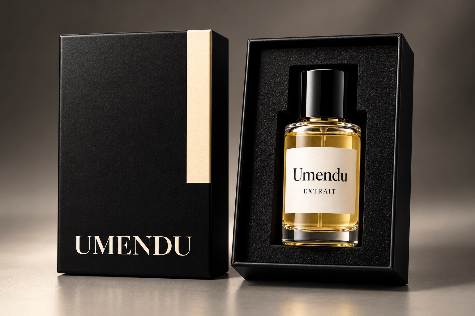 Umendu Extrait 30ml perfume oil bottle in an open black presentation box beside the matching Umendu box