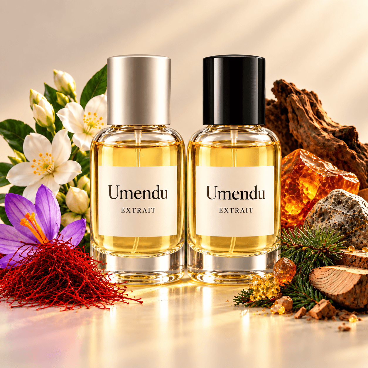 Two bottles of Umendu Extrait perfume oil with saffron, jasmine, amber and cedar notes
