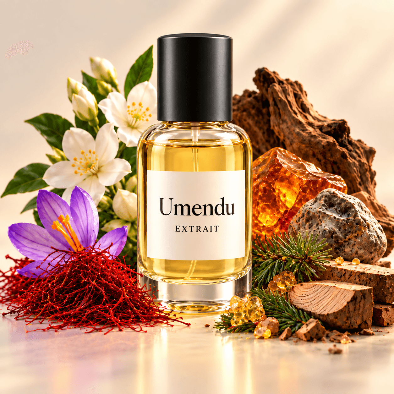Umendu Extrait perfume bottle surrounded by saffron, jasmine, amber and cedar